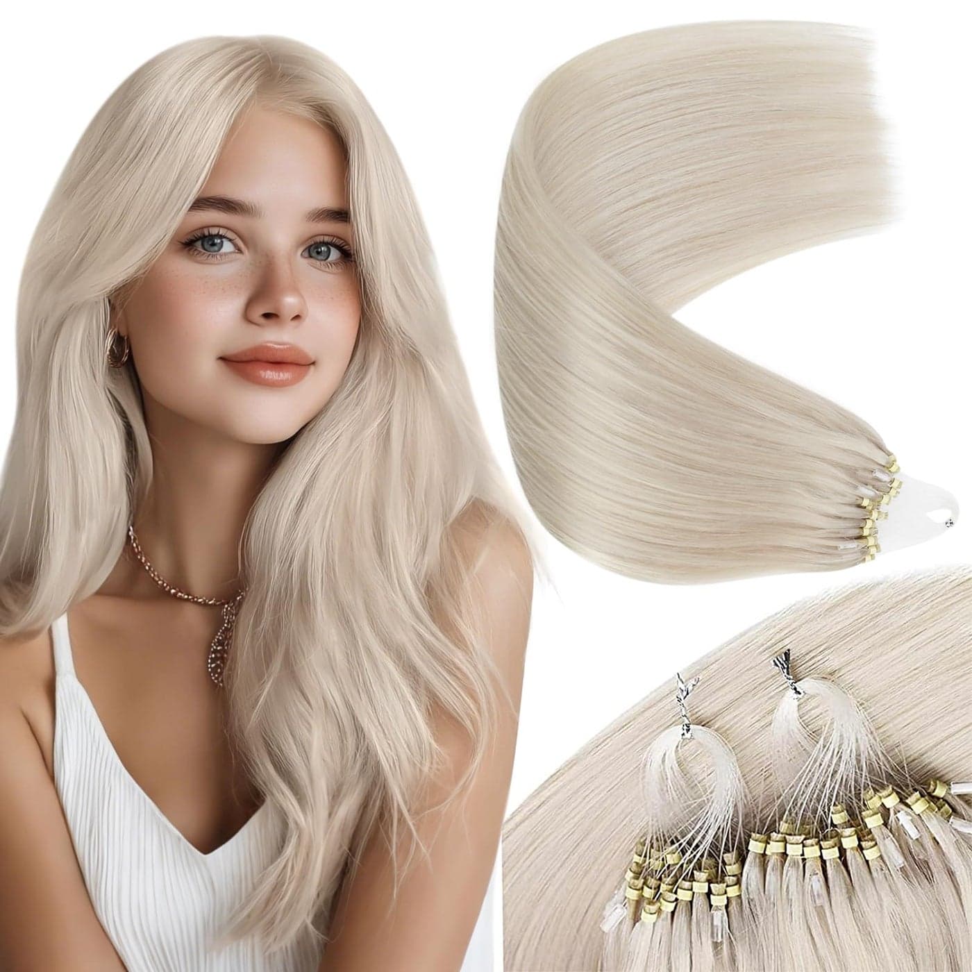 Sunny Hair Micro Link Hair Extensions Human Hair Platinum Blonde Micro Hair Extensions Real Human Hair Invisible Cold Fusion Micro Bead Hair Extensions Real Human Hair for Women 14inch 50g