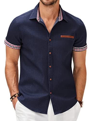COOFANDY Short Sleeve Button Up Shirts for Men Slim Fit Denim Shirt Wrinkle Free Lightweight Casual Shirt, Navy Blue, Large