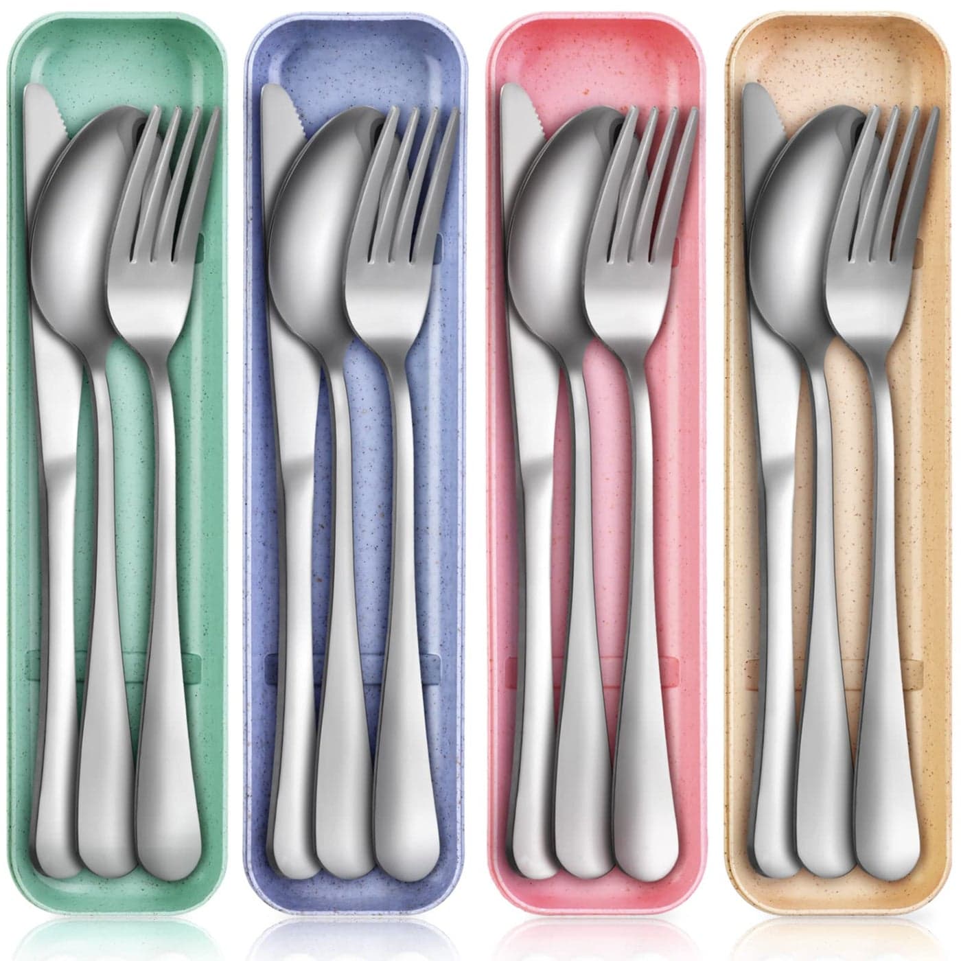 Yinkin 4 Pack Portable Travel Utensils Set with Case Reusable Stainless Steel Silverware Flatware Camping Cutlery Include Fork Spoon Knife for Work School Dishwasher SafeBlue Beige Green Pink