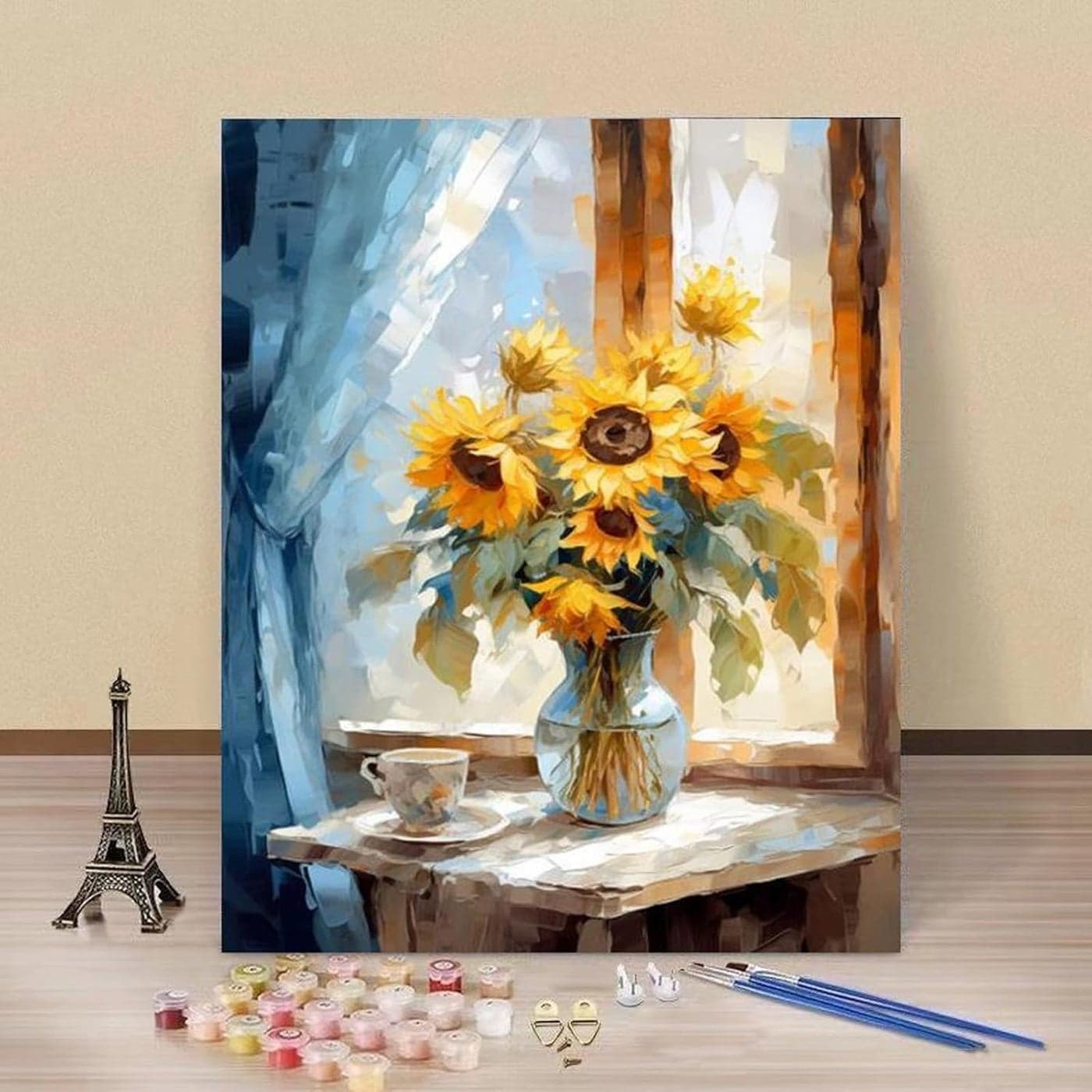 Framed Paint by Numbers Kit for Adults – Sunflowers in Glass Vase by Window with Teacup, 40x50cm DIY Acrylic Painting on Pre-Stretched Canvas for Wall Art and Home Decoration