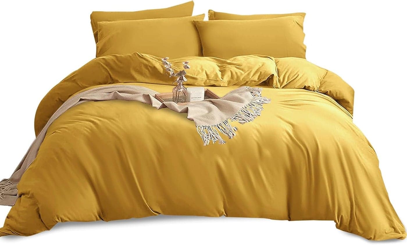 YORKSHIRE BEDDING King Size Duvet Cover Sets Soft Breathable Brushed Microfibre Plain Duvet Cover with Pillow cases Button Closure Quilt Cover Bed Set Ochre
