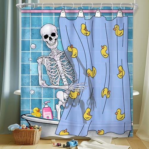 Riyidecor Funny Gothic Skull Shower Curtain 60Wx72H Inch Kids Spooky Skeleton in Bathtub Bathing Rubber Duck Cool Hilarious Modern Boys Bathroom Decor Fabric Polyester Waterproof 12 Pack Hooks