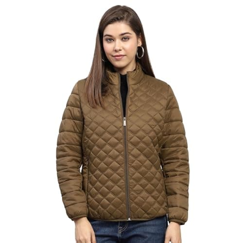 Monte Carlo Womens Self Design Khakhi Mock Neck Full Sleeve Jacket
