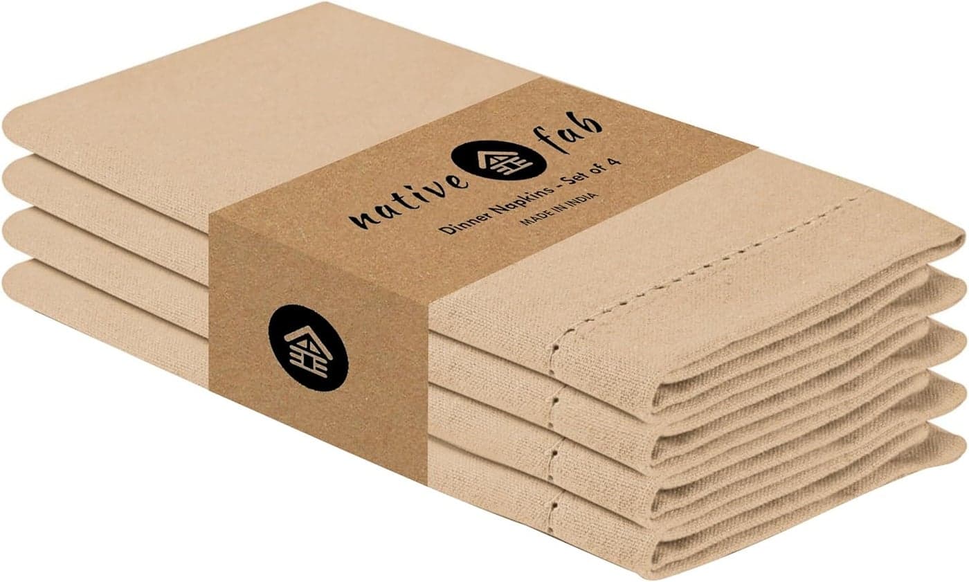 Native Fab Cloth Napkins Set of 4 100 Cotton Hemstitch Mitered Corners 18x 18 Soft Washable Absorbent Reusable Premium Linen Quality Events Wedding Party Dinner Napkins Beige