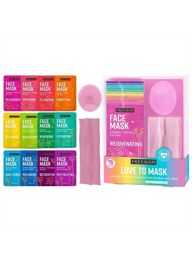 Facial Love To Mask Variety Pack: Oil Absorbing Clay, Detoxifying Charcoal, Clearing Peel Off, Hydrating Gel Cream, Exfoliating Scrub, 14 Piece Kit with Bonus Buffer and Headband