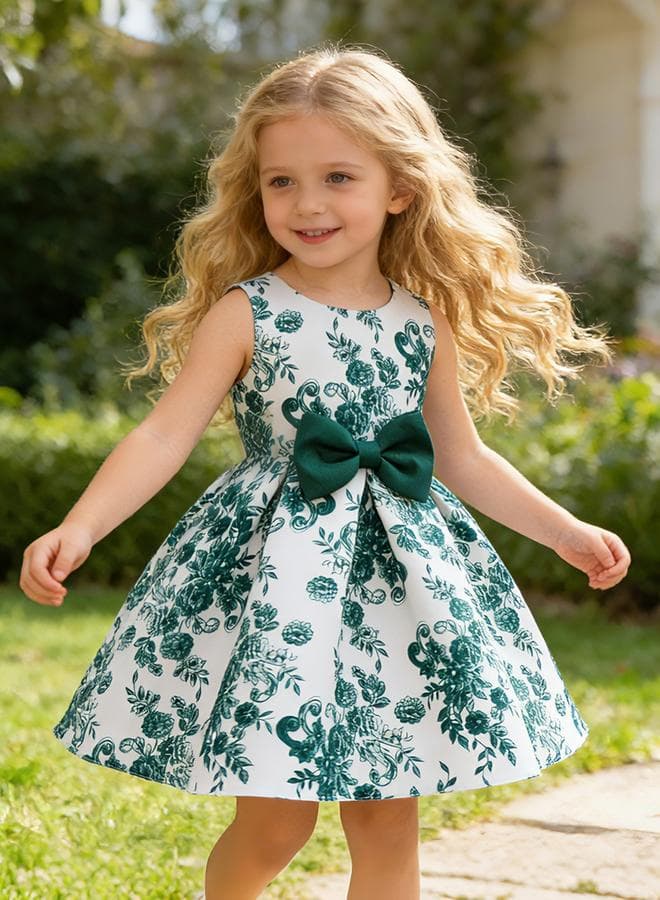 Girls Green Floral Print Sleeveless Dress