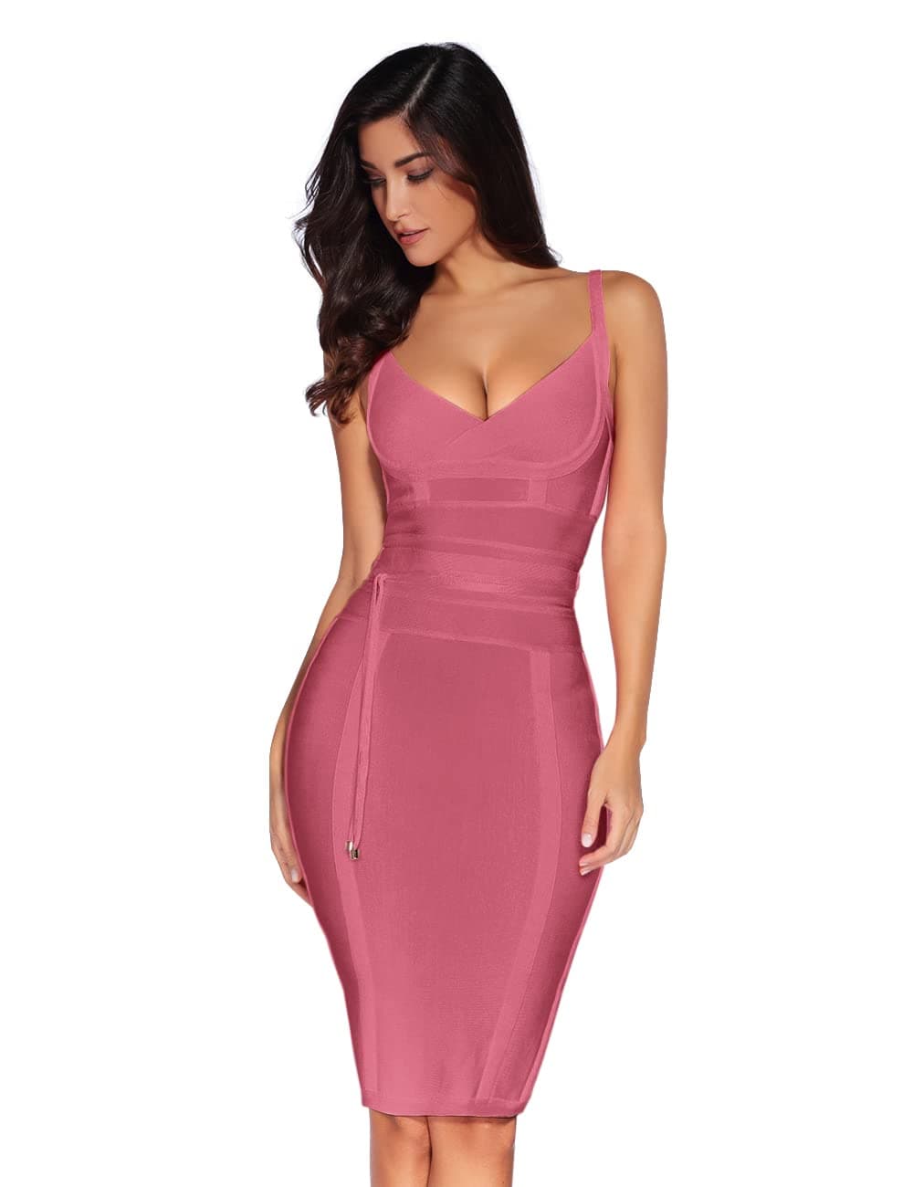 meilun Womens Bodycon Midi Dress Spaghetti Strap Bandage Cocktail Party Dress for Wedding Guest Birthday Outfit(antipink,S)