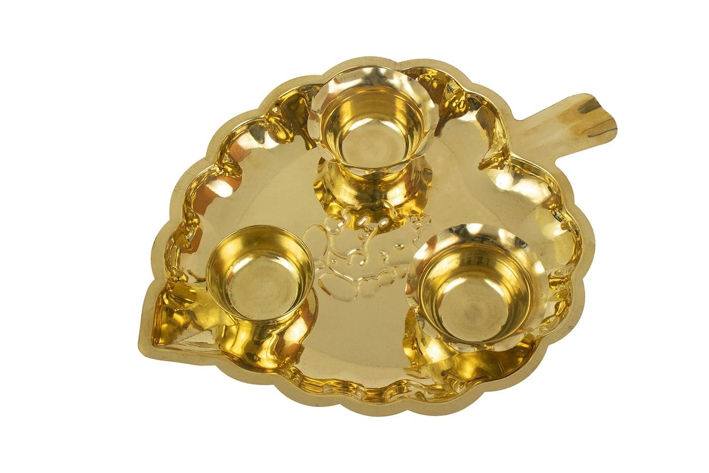 Spillbox Traditional Handcrafted Brass Thali Haldi kumkum Chandhan Holder Stand Plate with Stand Plate for Pooja | Puja Worship 3 Bowl -Big Leaf