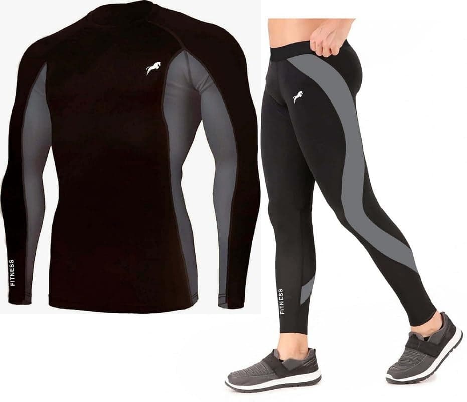 JUST RIDER Polyester Men's Sports Running Set Compression Shirt + Pants Skin-Tight Long Sleeves Quick Dry Fitness Tracksuit Gym Yoga Suits (Set of 2) (2XL)