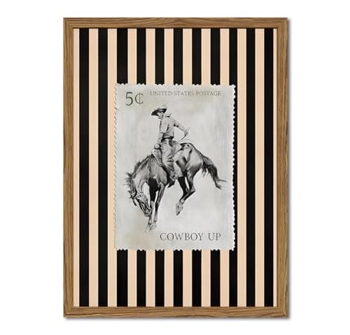 Vintage Western Wall Art Rodeo Cowboy Horse Postage Wall Decor Mid Century Southwest With Stripes Western Canvas Prints for Living Room Bedroom Bathroom 12x16 inch Framed