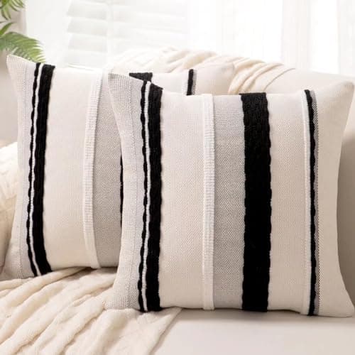 WANLIRD Boho Throw Pillow Covers 18x18 Set of 2 Farmhouse Decorative Cushion Case Striped Square Pillows Cover Chenille Pillow Cases Accent Neutral Pillowcase for Sofa Couch Bed,Black and White