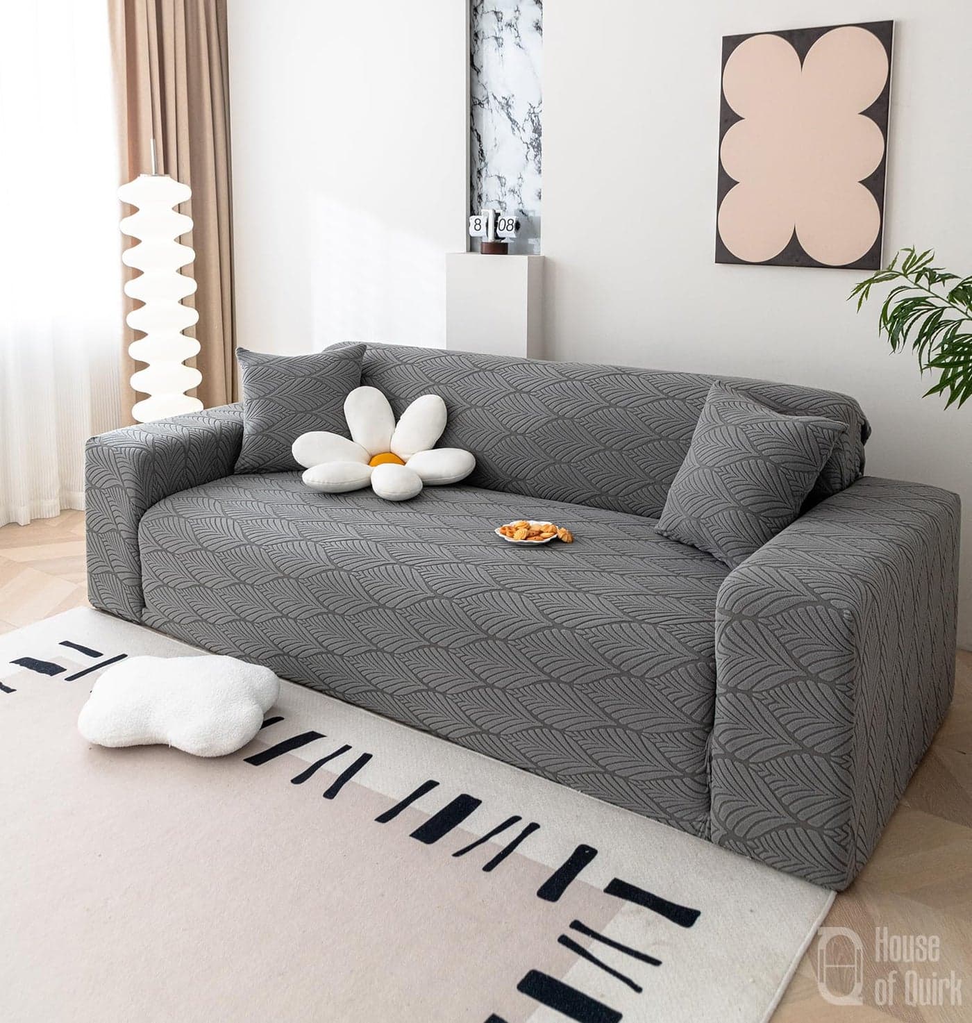 House of Quirk Universal Single Seater 220 GSM Jacquard Leaf Texture Fabric Sofa Cover Soft Touching Cover for Couch Flexible Stretch Sofa Slipcover (Charcoal, 90-140cm)