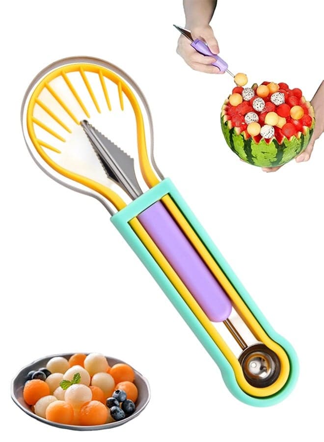 4-in-1 Stainless Steel Fruit Cutter Set, Melon Slicer with Removable Blades, Multi-Purpose Kitchen Gadget for Watermelon, Cantaloupe, Kiwi & Dragon Fruit
