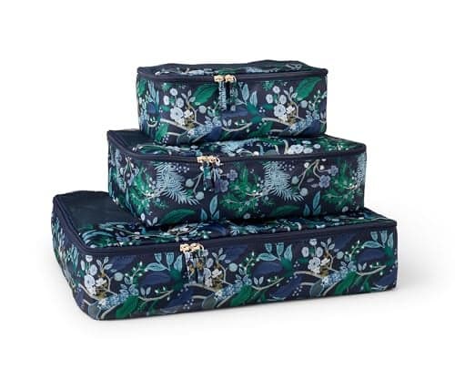 RIFLE PAPER CO Soft Sided Packing Cubes Set of 3 Includes 3 Different Sizes and a Laundry Bag Travel Must Have Accessory Stylized Pattern Peacock