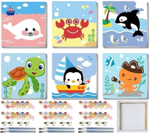 MXCFZX 6 Pack Framed Paint by Numbers Kit for KidsCute Sea Animals Painting Kits for Ages 4612Easy Paint by Number Kids Paint for BeginnerDIY Acrylic Oil Painting Kit for Wall Decor8X8inch