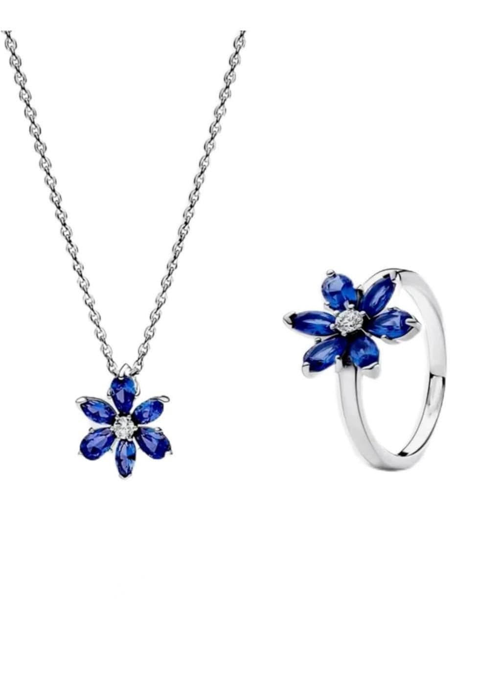 Blue Zircon flower jewelry set contains a ring and necklace