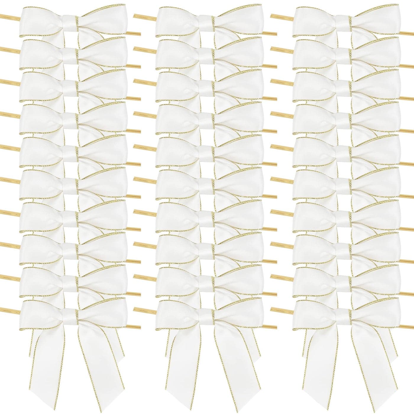 AIMUDI White Bows 35 Satin Twist Tie Bows Premade Ribbon Bows with Gold Edge Pretied Bows for Treat Bags Cake Pop Crafts Wedding Favors Gift Wrapping Baby Shower Apple Candy 50 Counts