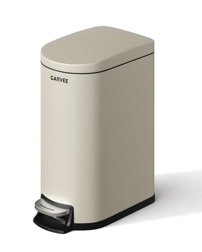 Garvee 2.6 gal / 10 L Metal Bathroom Trash Can with Lid, Slim Waterproof Garbage Can for Bedroom, Small Step-on Trash Bin with Inner Bucket, Rear Handle, Soft Close Lid, Sand Beige