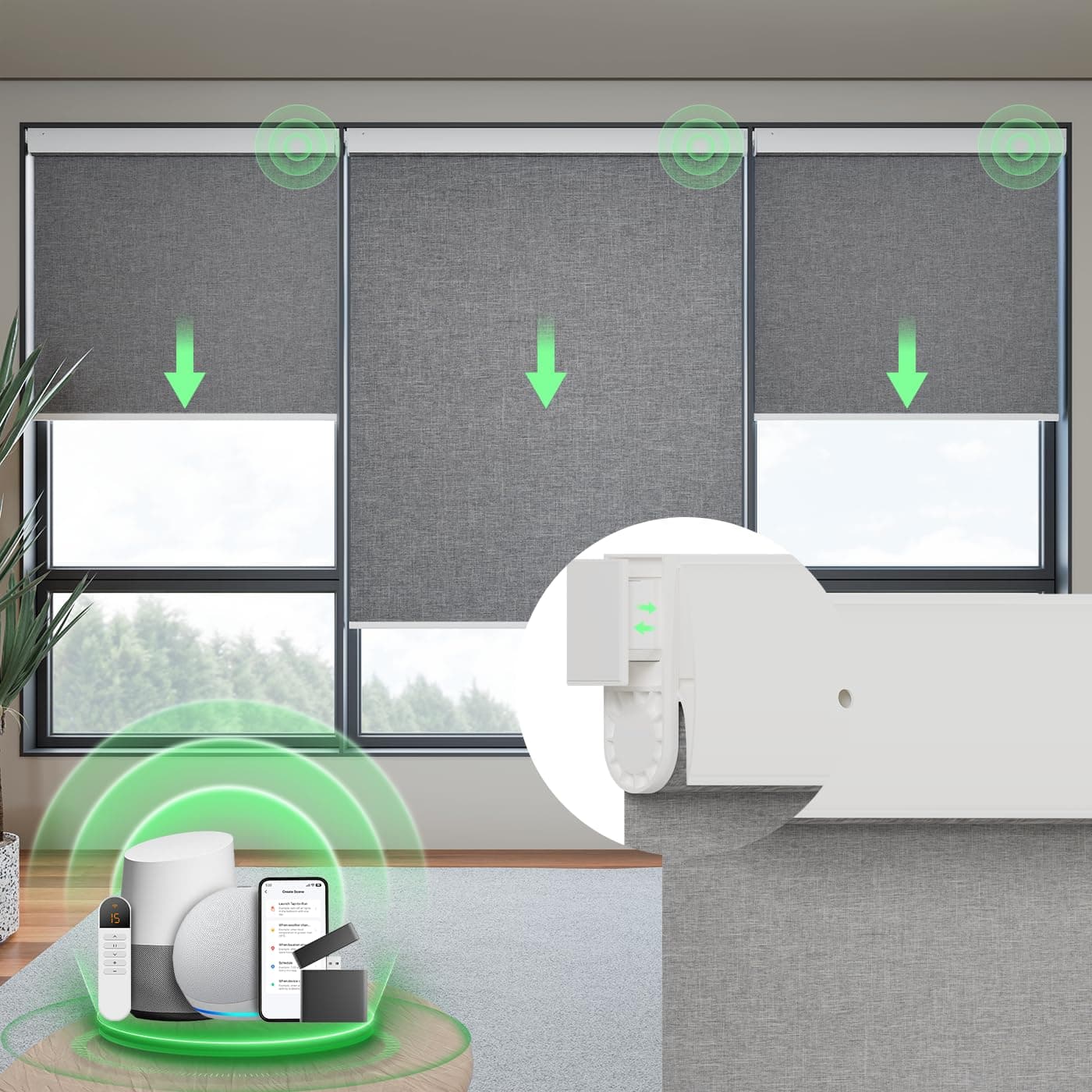DONGFXK Motorized Blinds with Remote Blackout No Drill Cordless Smart Roller Shades Automatic Blinds for Windows Grey24 W x 72 H
