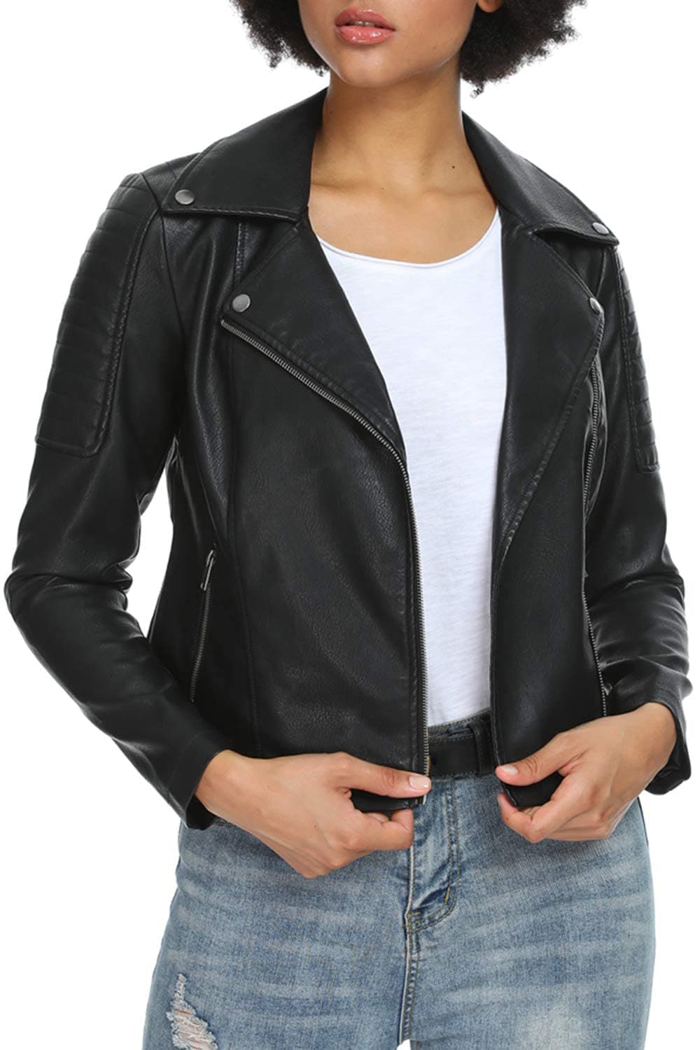 Fahsyee Women's Faux Leather Jackets, Zip Up Motorcycle PU Moto Biker Outwear Fitted Slim Coat Black Size S