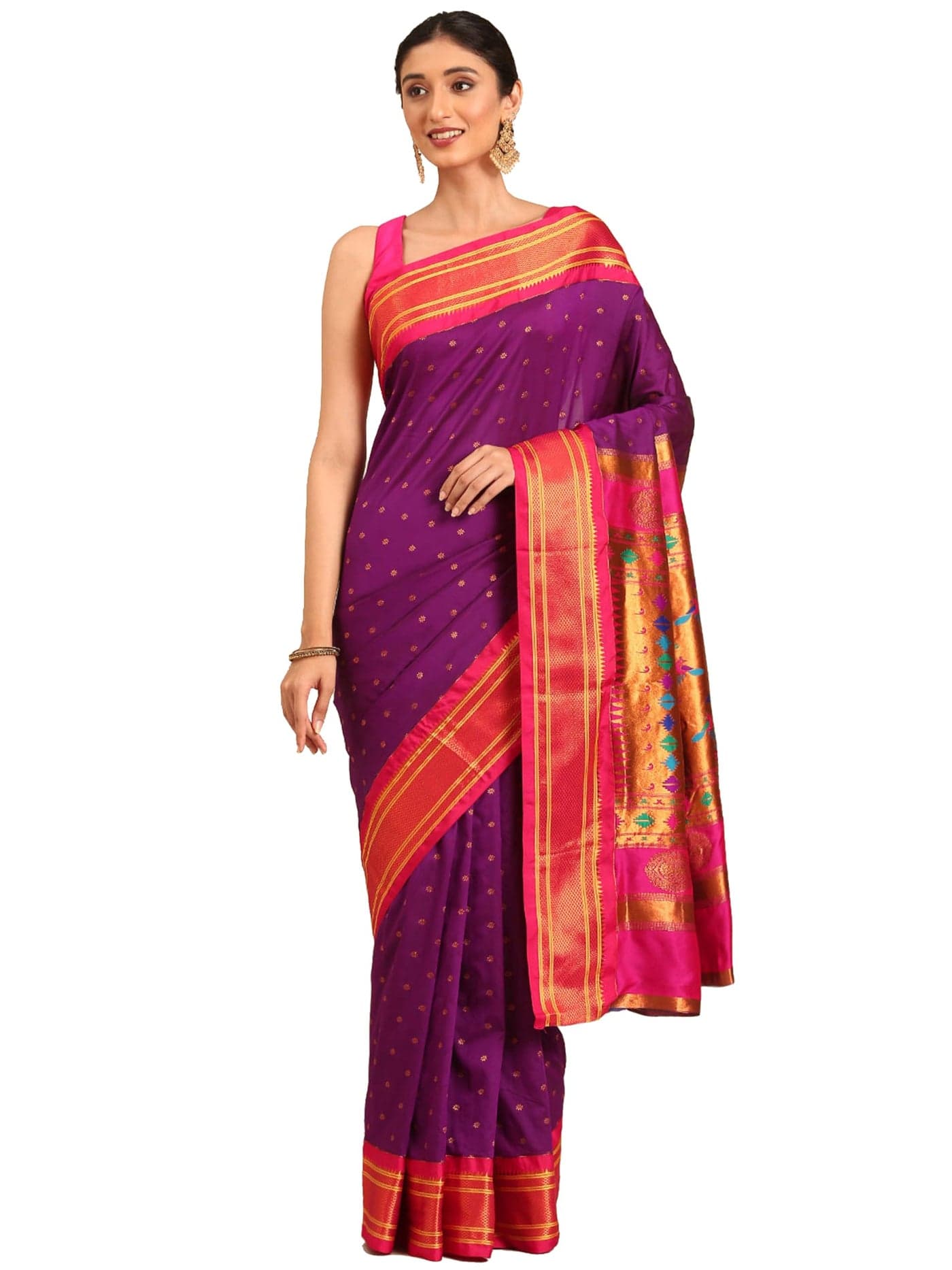 Varkala Silk Sarees Women's Kadiyal Soft Silk Double Pallu Paithani Saree With Blouse Piece (V251A204-COPR_Purple & Pink)