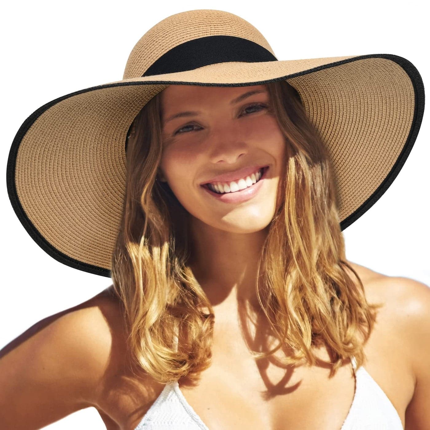 FURTALK Womens Sun Straw Hat Wide Brim UPF 80 Summer Hat Foldable Packable Floppy Beach Hats for Women KhakiBlack