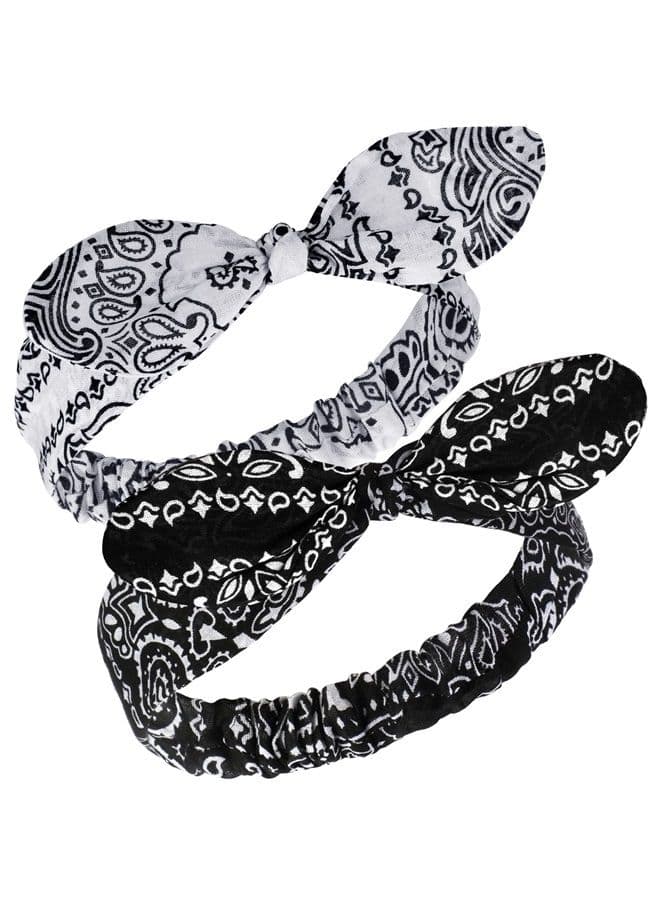 2 Pieces Bandana Headband for Women and Girls, Knot Retro Print Headbands Paisley Print Headband Headwrap Adjustable Headwrap (White, Black)