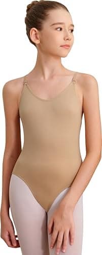 Tegmk Women and Girls Seamless Nude Leotard Camisole Dance Leotard for Ballet Undergarment Leotard with Clear Straps(FT3A13)