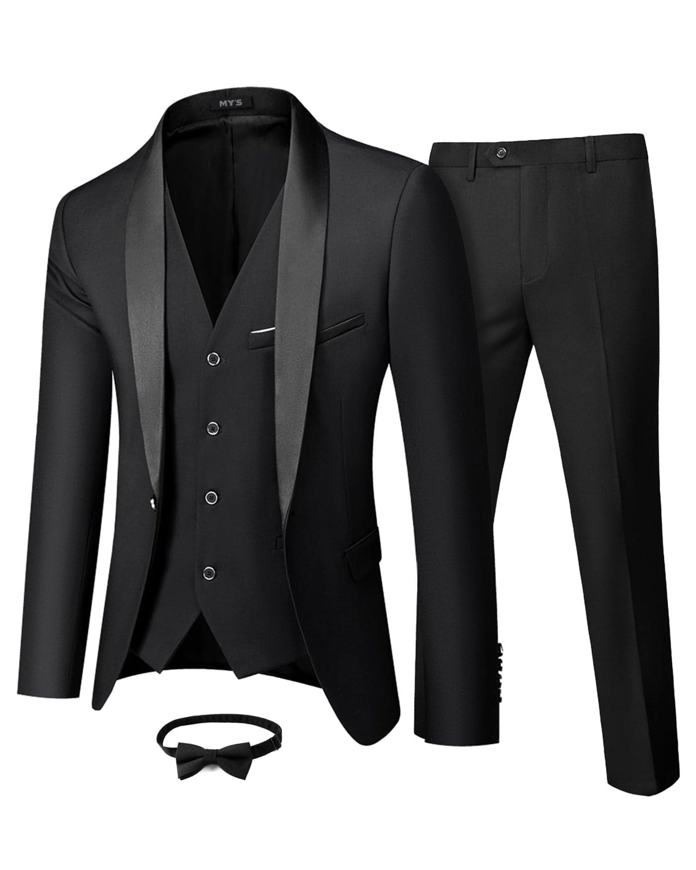 MYS Mens 3 Piece Tuxedo Set with Bow Tie Shawl Lapel One Button Jacket Vest Pants Slim Fit Suit Prom Party Wedding Tux Black