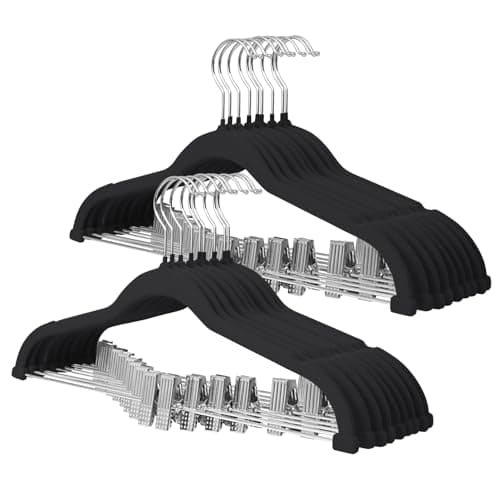 ManGotree Pants Hangers with Movable Clips, Non-Slip Velvet Skirt Hangers, Space-Saving Clothes Hangers for Pants, Skirts, Shirts, Coats, Dresses (18 Pack, Black)