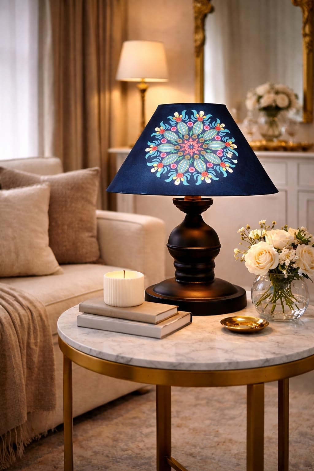 tu casa Urban Radiance Table Lamp | Black Metal Base | French Floral Print Satin Shade | Bedside & Study Lamp for Bedroom Living Room Office | Home Décor & Gifting | H-10 Inch (No Bulb)