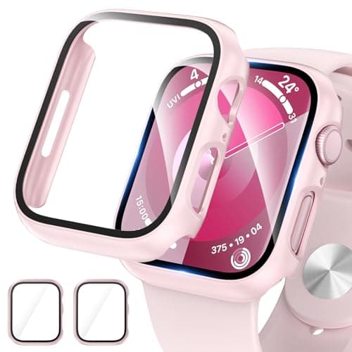 2 Pack Hard PC Case for Apple Watch Series 9 Series 8/7 41mm Screen Protector, EWUONU Tempered Glass Film Hard Bumper Anti-Scratch HD Ultra-Thin Protective Cover for iWatch Series 9/8/7 41mm, Pink