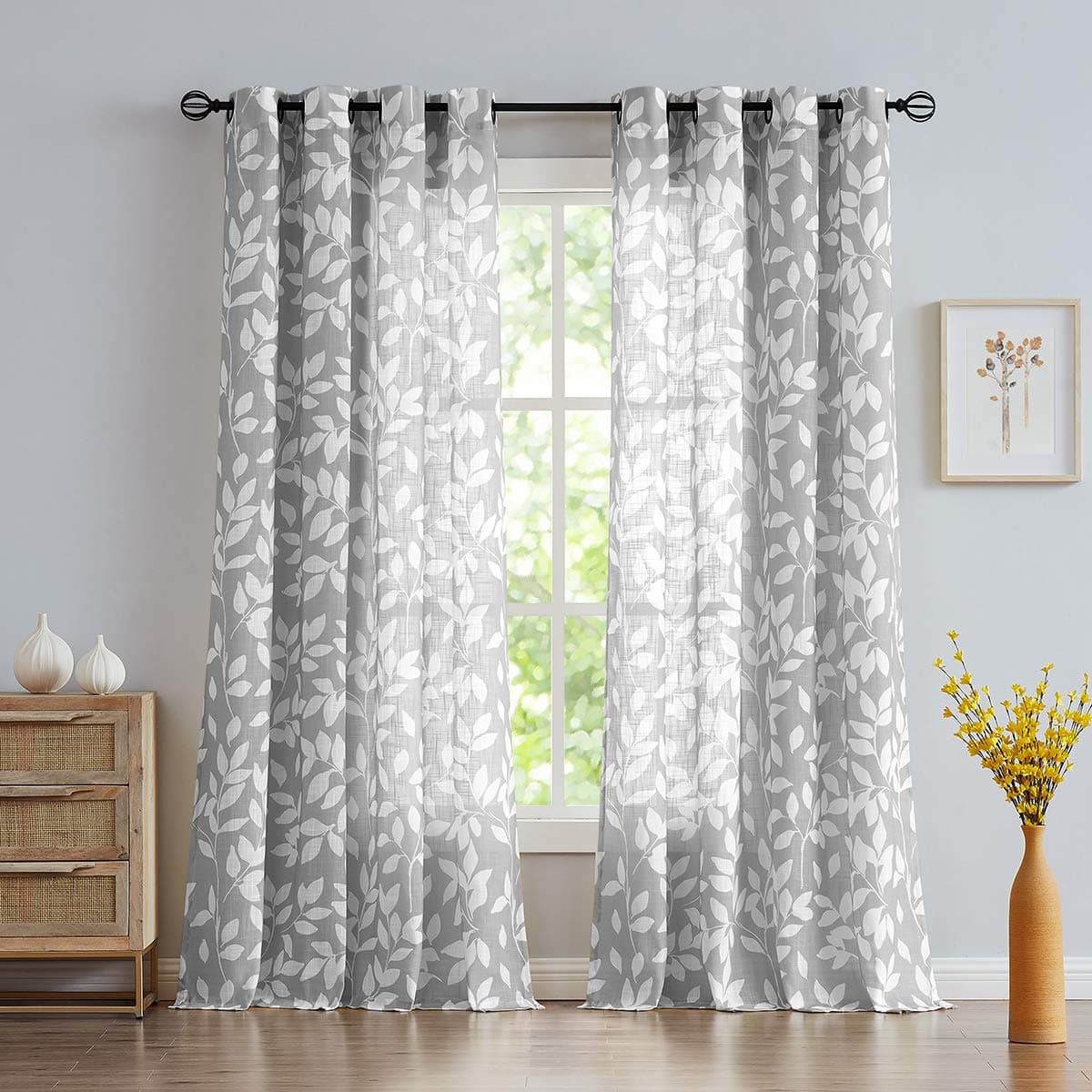 Treatmentex Grey SemiSheer Curtains for Bedroom 95 Long White Leaf Print Curtains for Living Room Grommet Top Window Panels 1 Pair