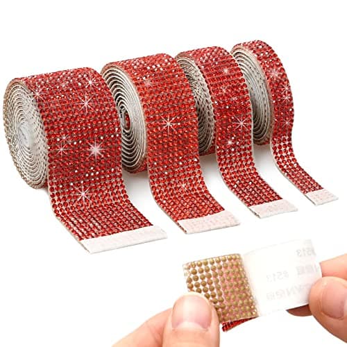 Lemon Park 4 Rolls Red Self Adhesive Rhinestone Diamond Crystal Gem Ribbon StickerBling DIY Decorative Sticker with 2 mm Rhinestones for Crafts ArtsPhone Car and Home Decoration Red 4 Yards