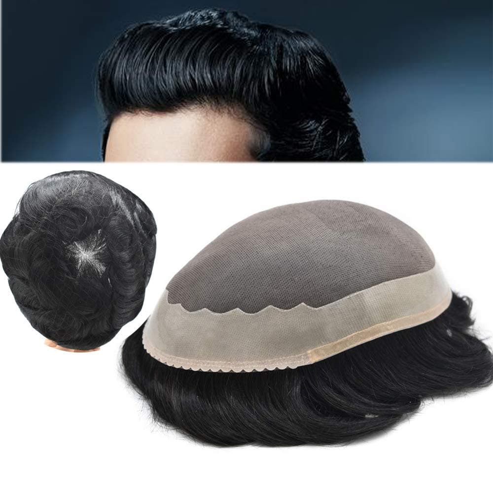 Toupee for Men Human Hair Replacement System LYRICAL HAIR Fine Mono Hairpiece Poly Skin NPU Around Durable Monofilament Mens Wig with Scallops Front Natural 8X11 1 Jet Black110 Light to Medium
