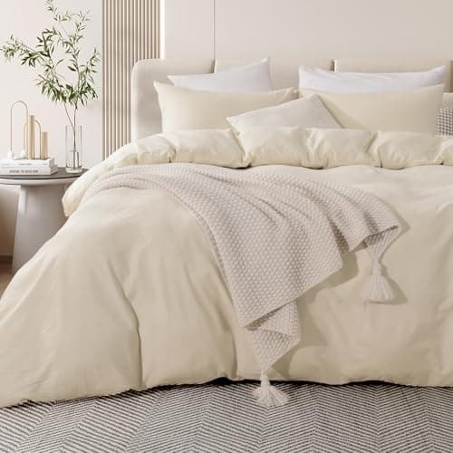 NEXHOME PRO Duvet Cover Set Queen Size Linen Feel Textured Cream Grey Organic Natural 100 Washed Cotton Duvet Cover 3 Pieces Bedding Set with Zipper Closure Breathable Soft No Comforter