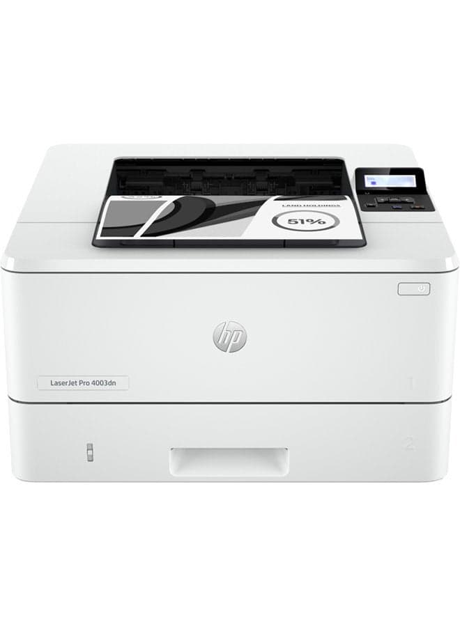 LaserJet Pro 4003dn Printer, 1200 x 1200 dpi Resolutions, Up to 40 ppm Preint Speed, LCD Graphic Display, 100 Sheet Multipurpose Tray 1, 250 Sheet Input Tray, USB / Ethernet | 2Z609A White