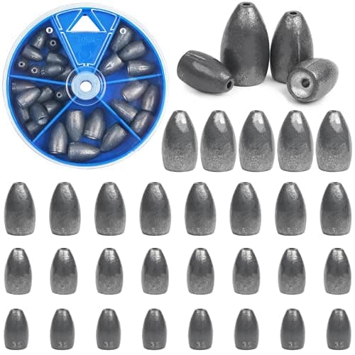 Flipping Fishing Weights,40pcs Bullet Fishing Sinker Weights Worm Weights Slip Sinkers Assorted Set for Bass Fishing Texas Rigs Saltwater Freshwater Tackle 1/8 3/16 1/4 3/8oz