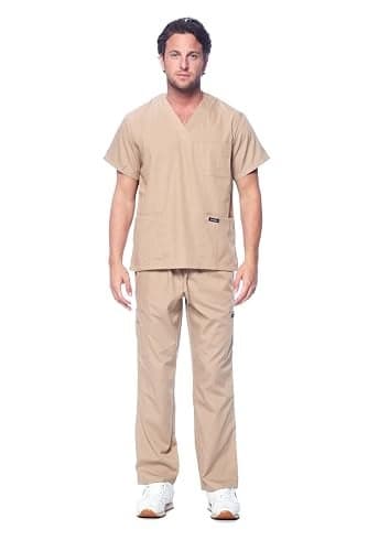 Dagacci Scrubs for Men Set - V-Neck Scrub Top and Cargo Pants - 8 Pockets Men Scrubs Set (Medium, Khaki)
