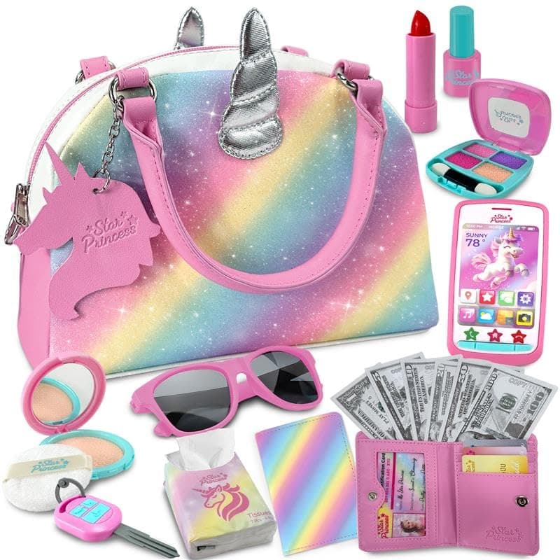 Play Purse for Little Girls and Toddlers Unicorn Purse Toys for Kids Pretend Play Accessories Phone Wallet Credit Cards Keys Pretend Makeup Unicorn Gift for Girl Age 3 4 5 6 7 8 Years and Up