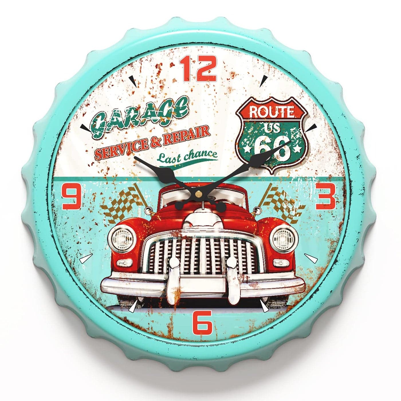 Menterry Bottle Cap Design Iron Retro Wall Clock 13 inch Vintage Antique Style Silent Battery Operated Decor Wall Clocks for GarageFarmhouseOfficeBeer barCafesKitchenSchool Green
