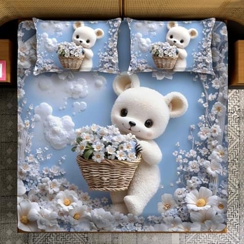 BhaiJi BedSheet 300 TC King Size Glace Cotton Double Bed HD Digital Printed Bed Sheets for Double Bed with 2 Pillow Covers || Large 108x108 Inch Without Joints - Teddy Bear with Flower Basket