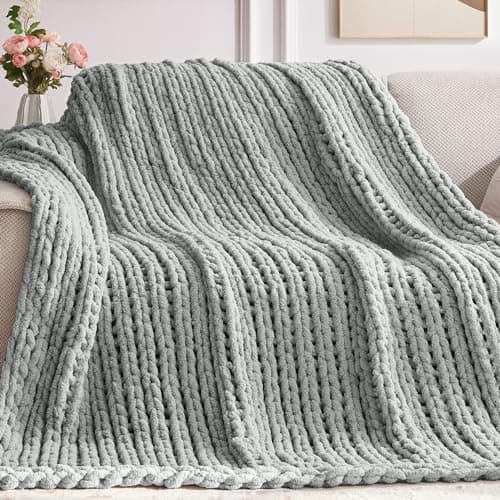 Negwoo Chunky Knit Throw Blanket, 50''*60'' Knitted Throw Chenille Yarn for Bed Couch, Handmade Light Grey Crochet Big Thick Blanket, Machine Washable Cute Comfy Blanket for Home Decor