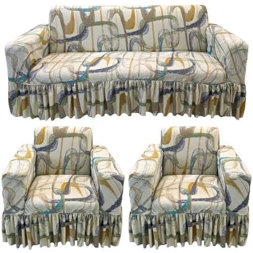 Gifts Island® Sofa Cover 5 Seater Fully Covered Universal Polycotton Spandex Sofa Cover with 360° Frill Non-Slip Sticky Elastic Stretchable Sofa Set Slipcover for (3+1+1 Seater), Beige Art