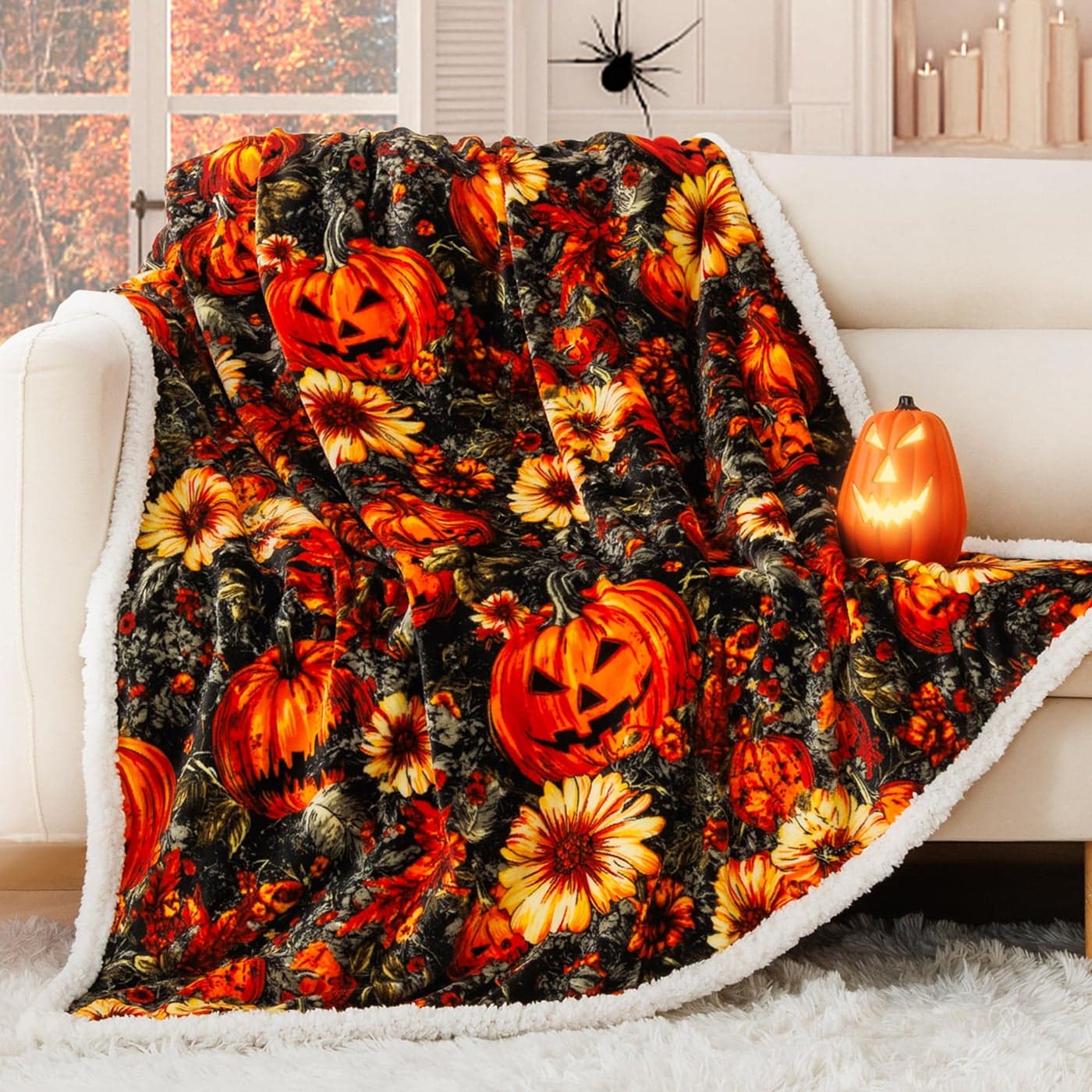 ROMROL Halloween Throw Blanket Fall Sherpa Throw Blankets Pumpkin Leaves Fall Blanket Soft Fuzzy Plush for Couch Sofa or Bed Warm Flannel Blanket for Halloween Fall Decor 50 x 60