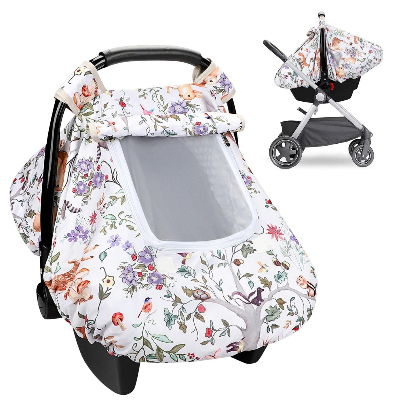 CARUILI Baby Car Seat Cover Minky Infant Car Seat Cover with Windproof Breathable Peep Window Protects Baby from Wind Sun Woodland Animals