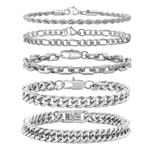 VNOX Silver Chain Bracelets for Men - 5 Pcs Solid Stainless Steel Rope/Figaro/Paperclip/Cuban Link Curb Chunky Chain Bracelet Set Wrist Band for Men Women,9 Inche