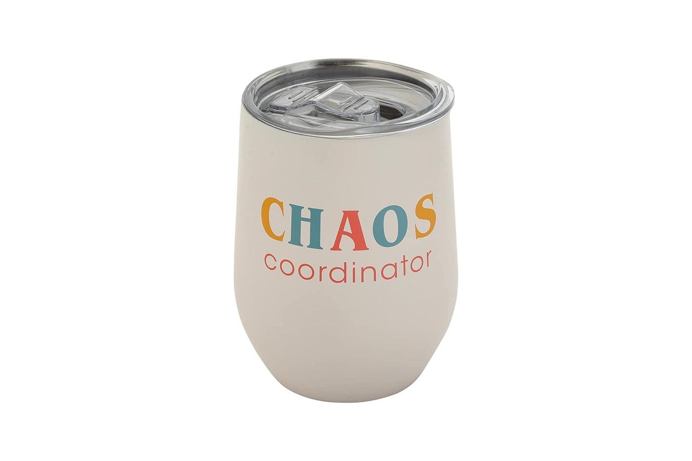 Pearhead Chaos Coordinator Stainless Steel Wine Tumbler with PressIn and Slide Locking Lid Mothers Day Stemless Wine Glass Tumbler Mug New Mom Accessory 12oz