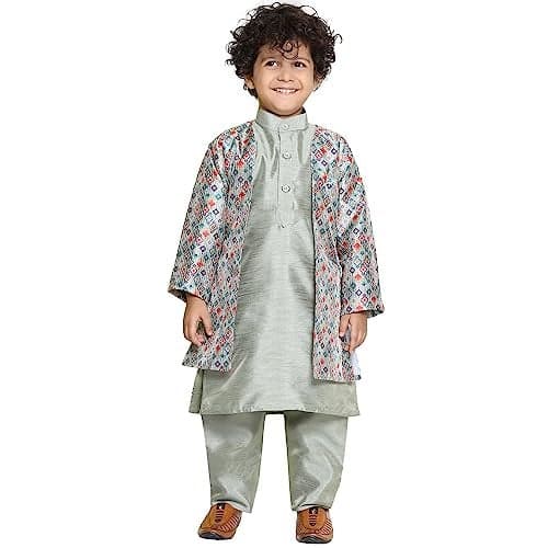 AJ DEZINES Kids Cotton Silk Full Sleeve Printed Pista Kurta Pajama & Waistcoat Set for Boys - Ethnic wear | Special Occasion & Party Outfit |Waistcoat for boys - Regular Fit