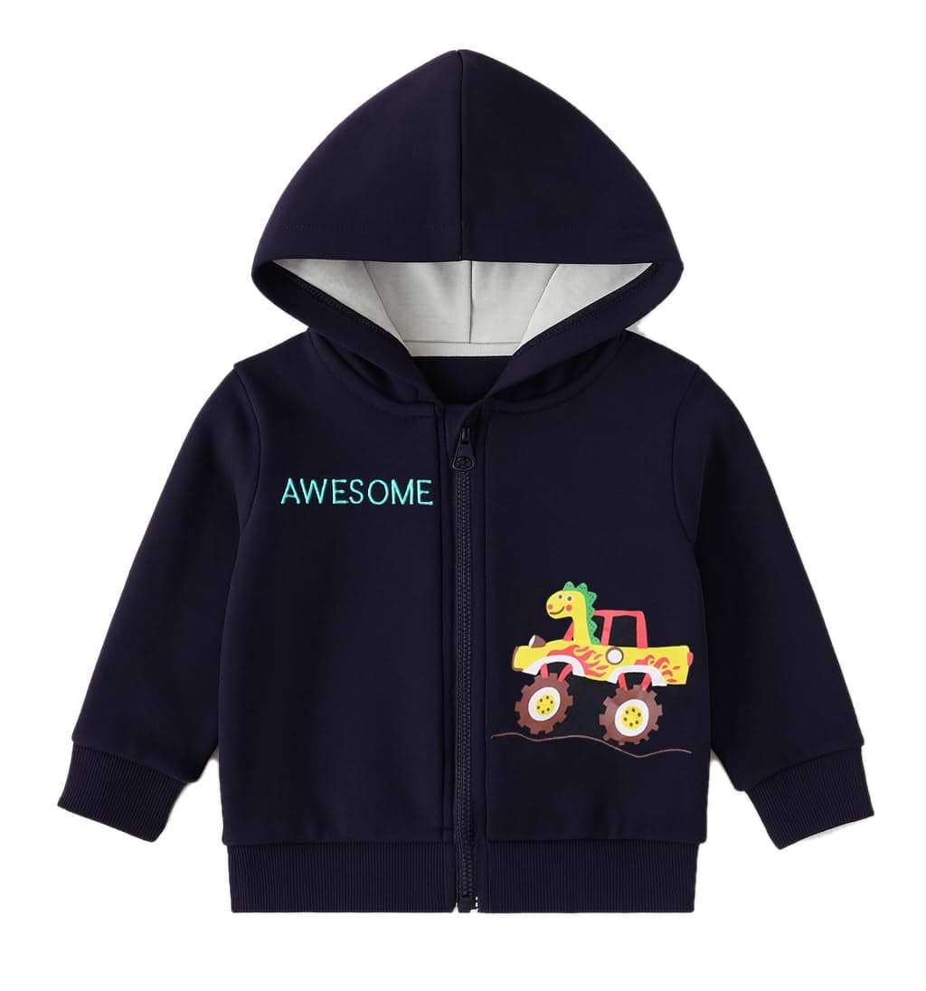 Bold N Elegant Kids Winter Warm Fleece Dinosaur Print Front Open Regular Fit Zipper Hoodie Sweatshirt Jacket for Baby Boys & Girls (6-12 Months, Black)